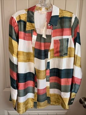 Mystree Striped Button-Down Shirt in Coral, Mustard, Forest, White